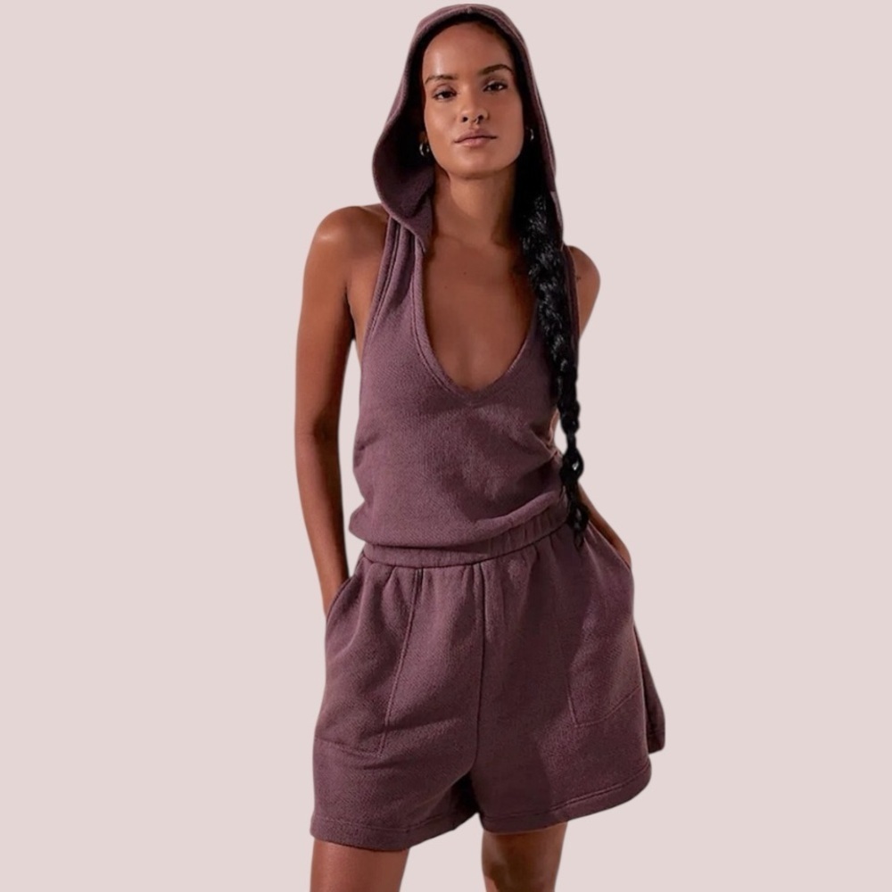 FREE PEOPLE Beach Halter hooded shorts romper Soft Terry plum color Sz XS